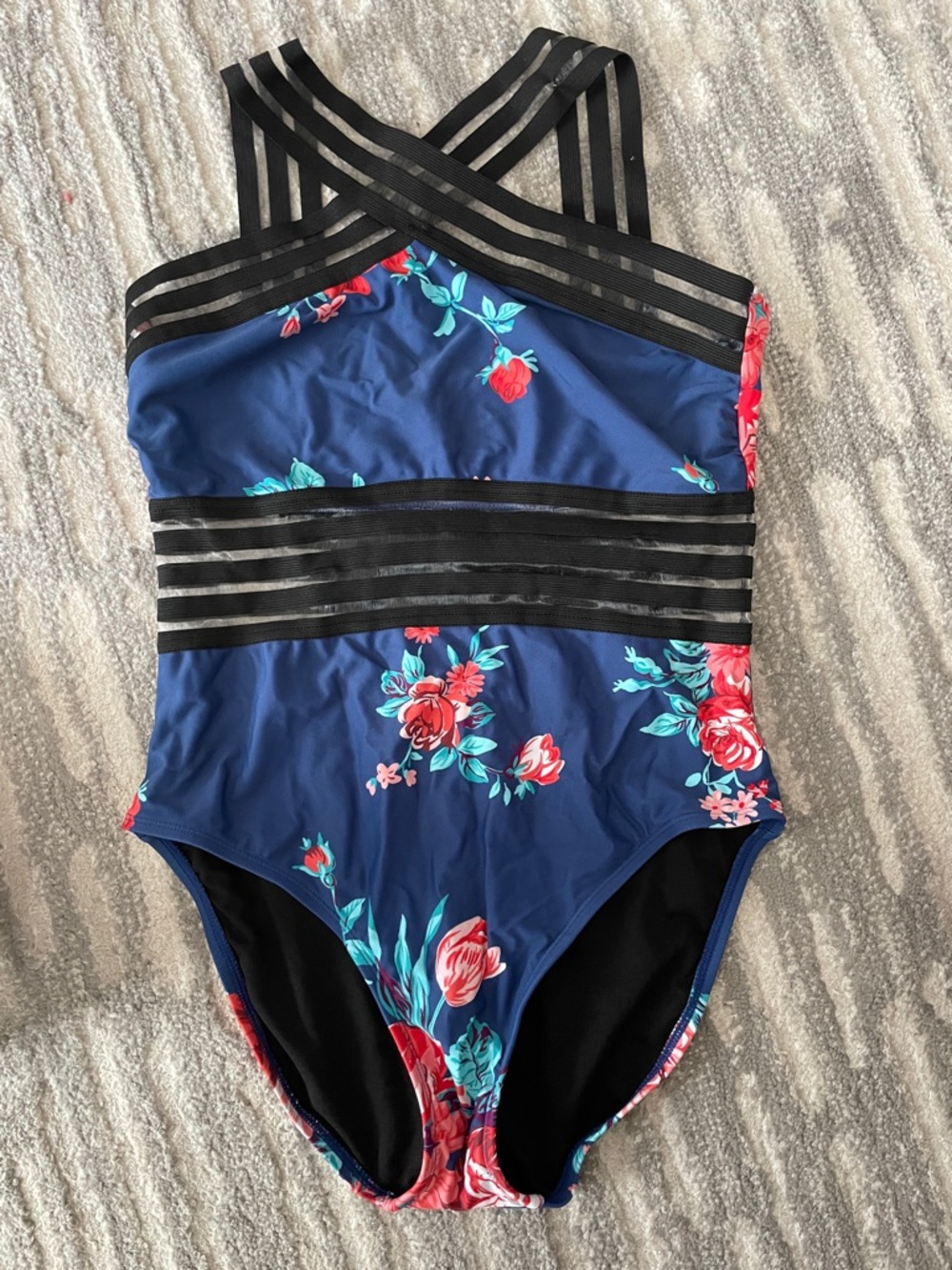 Navy Floral Halter One-Piece Swimsuit with Black Straps size 10/12